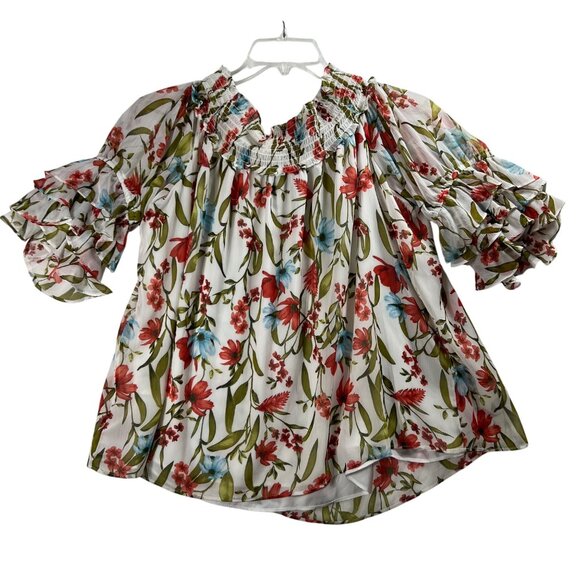 CeCe Women XL White Floral Off Shoulder Smocked Ruffle Sleeve Chiffon Top Beachy - Picture 7 of 16